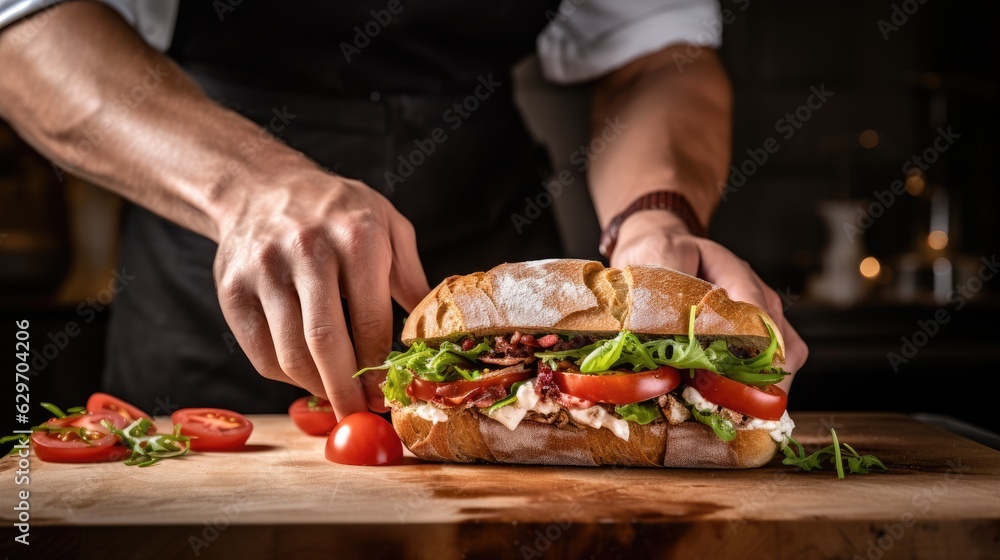 Cook slicing a sndwich into two parts in a kitchen