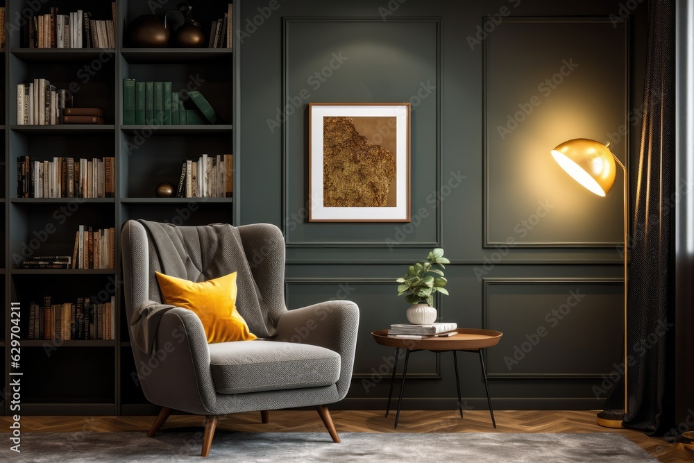 The contemporary design of the room features a bookshelf in a shade of gray, a lamp and frame with a golden touch, a green chair made of metal with a pillow and a blanket for added comfort, and a The contemporary design of the room features a bookshelf in a shade of gray, a lamp and frame with a golden touch, a green chair made of metal with a pillow and a blanket for added comfort, and a