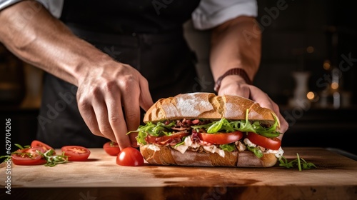 Cook slicing a sndwich into two parts in a kitchen