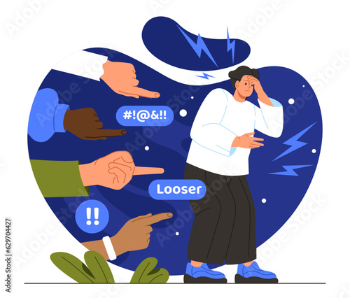 Man with public censure concept. Young guy suffers from disapproval of society. Bullying and hate. Emotional pressure and stress. Depression and frustration. Cartoon flat vector illustration