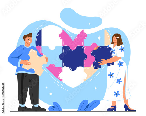 People with puzzle in heart concept. Man and woman with parts. Romantic relationships and love. Happy young couple and family. Valentines Day and wedding. Cartoon flat vector illustration