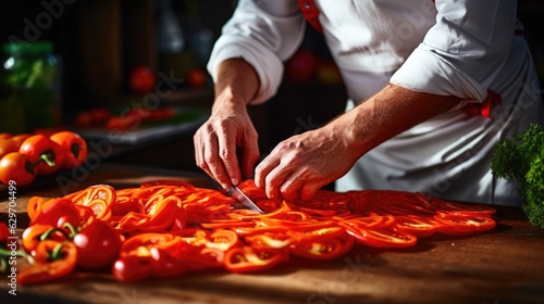 Cook slicing Paprika into slices