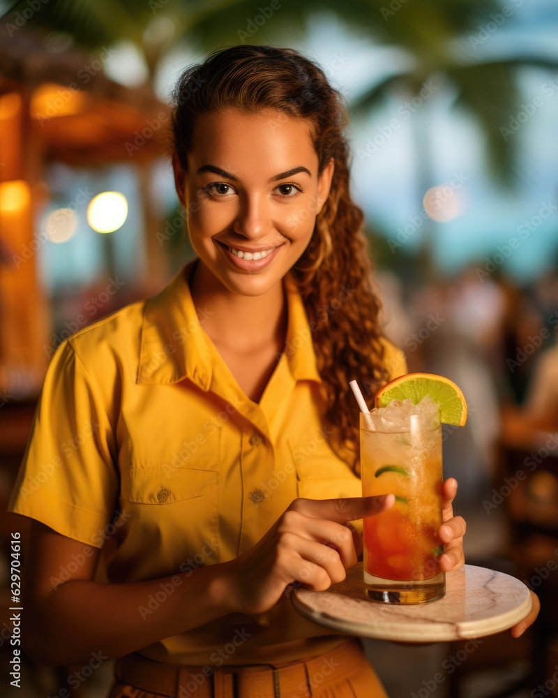 Young female bartender presents a Long Island Ice Tea