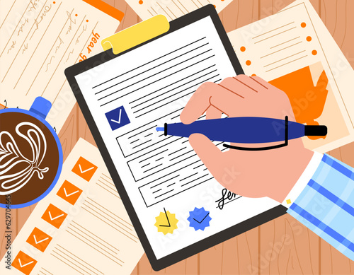 Person signing documents concept. Character with pencil near agreement. Top view on contract near cup with hot drink, tea or coffee. Poster or banner. Cartoon flat vector illustration