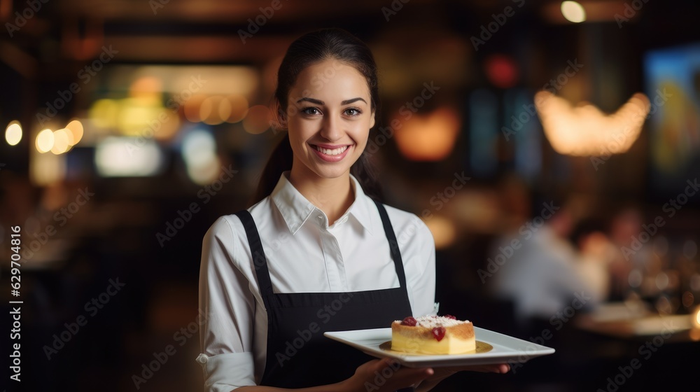 Young female waitress presents a piece of New York Style cheesecake Young female waitress presents a piece of New York Style cheesecake