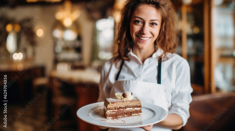 Young female waitress presents a piece of Tiramisu cake