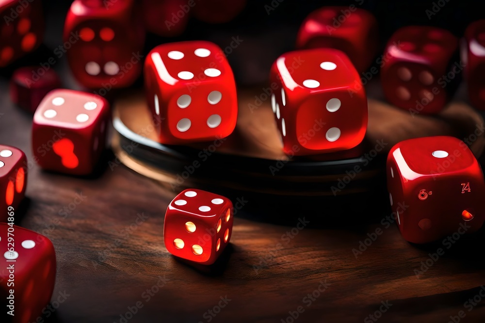 An arrangement of glossy red dice, catching the light in a meticulous pattern, casting mesmerizing shadows against a darkened backdrop. An arrangement of glossy red dice, catching the light in a meticulous pattern, casting mesmerizing shadows against a darkened backdrop.