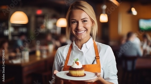 Young female waitress presents a piece of Carrot cake