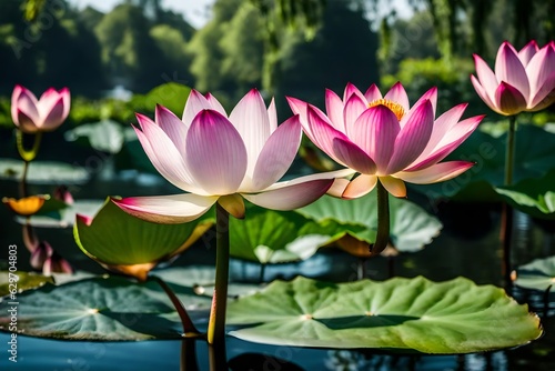 "A tranquil pond reflects the delicate petals of a pink water lily, its velvety surface capturing the play of sunlight and shadow in a mesmerizing dance."