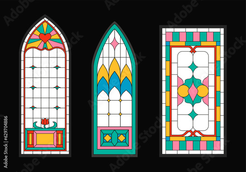 Stained glass windows set. Traditional ornaments. Religion and faith, church. Colorful patterns. Template, layout and mock up. Cartoon flat vector collection isolated on black background