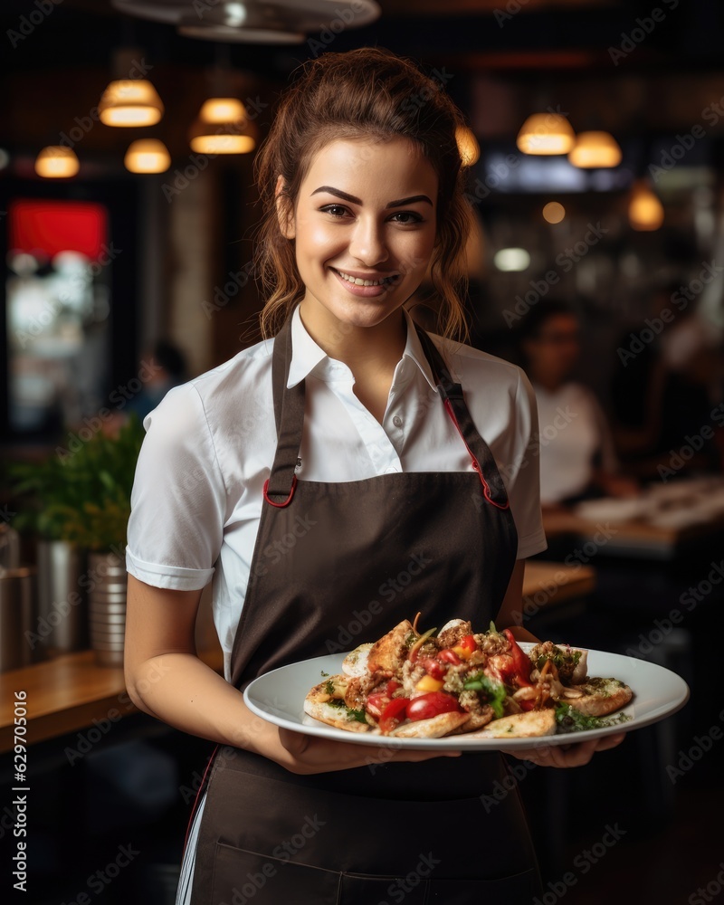 Young waitress presents a dish with Chicken Shawarma