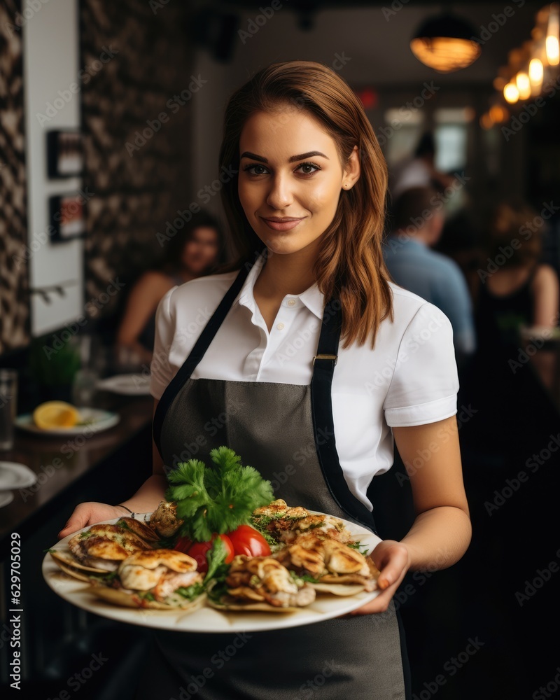 Young waitress presents a dish with Chicken Shawarma Young waitress presents a dish with Chicken Shawarma