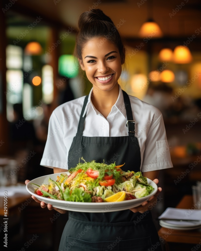 Young waitress presents a dish with Cobb Salad - food photography Young waitress presents a dish with Cobb Salad - food photography