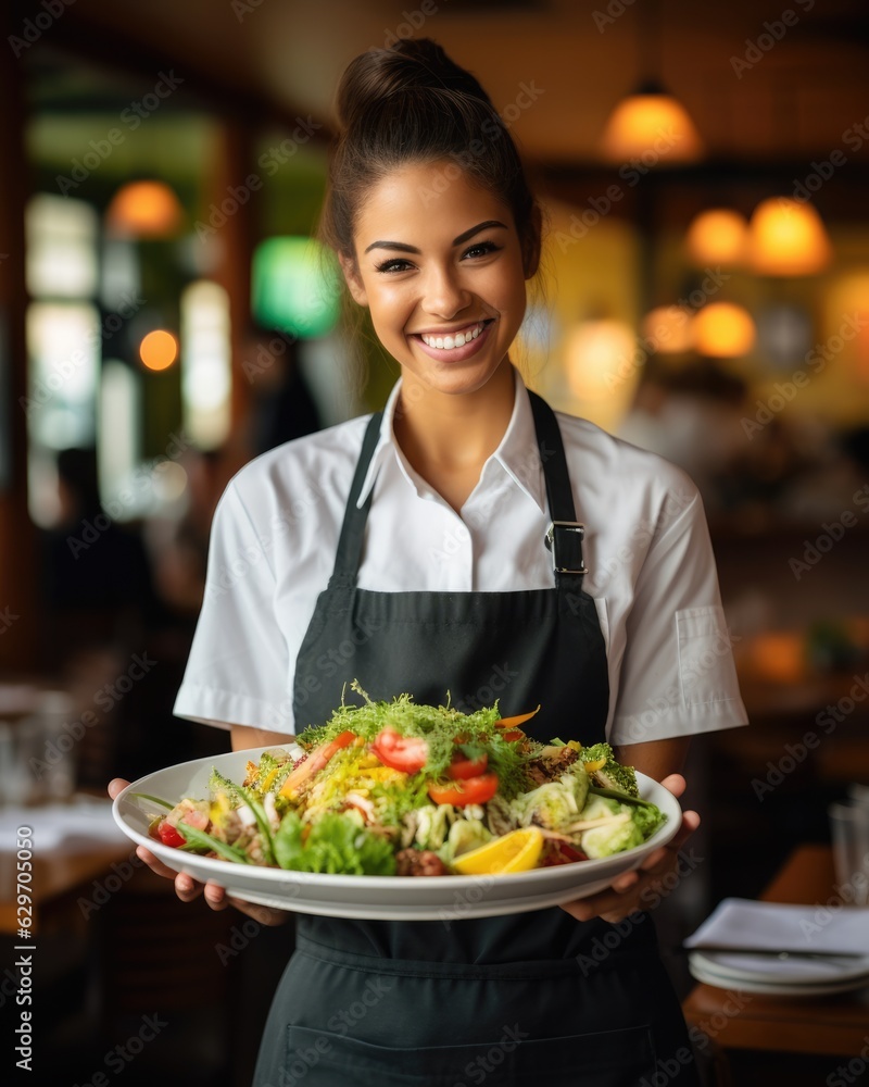 Young waitress presents a dish with Cobb Salad - food photography