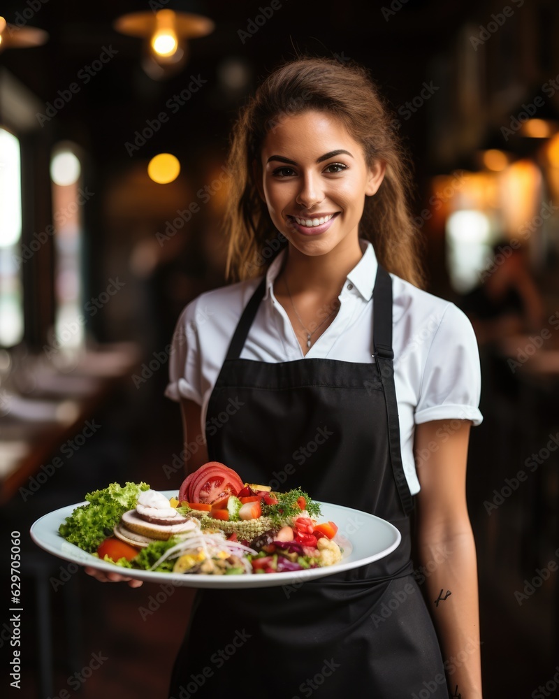 Young waitress presents a dish with Cobb Salad - food photography