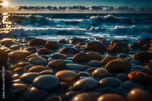 Waves gently caress the shore, revealing a cluster of weathered stones nestled amidst a bed of fine sand, the morning sun casting a soft, golden hue upon their textured surfaces.