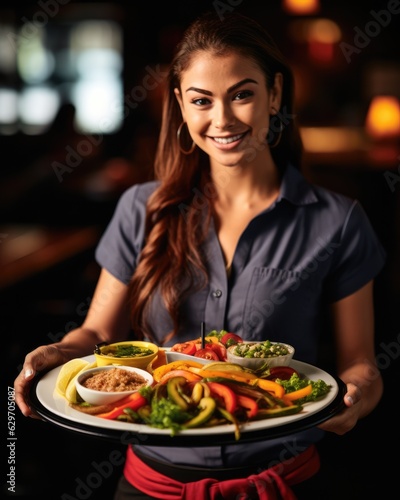 Young waitress presents a dish with Fajitas - food photography © 4kclips