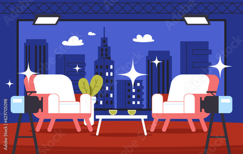 Talk show concept. Cameras stand in front of white chairs in studio. Entertainment and event, television industry. TV show, interesting content. Poster or banner. Cartoon flat vector illustration