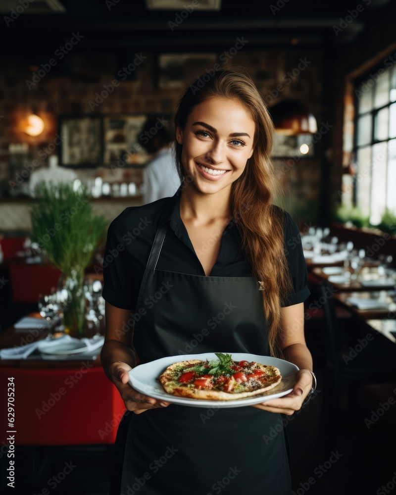 Young waitress presents a dish with Pizza - food photography