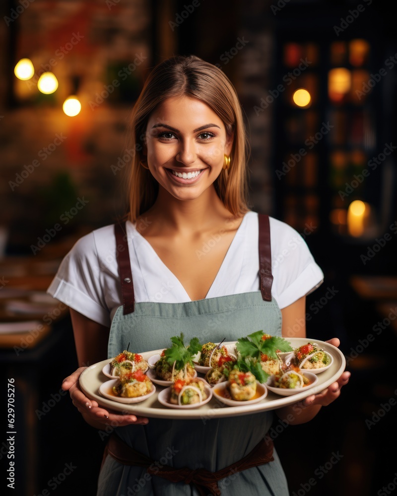Young waitress presents a dish with Tacos - food photography