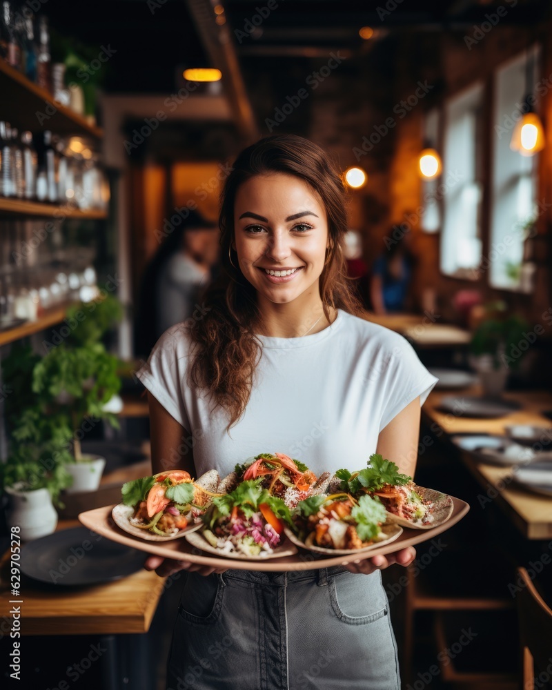 Young waitress presents a dish with Tacos - food photography Young waitress presents a dish with Tacos - food photography