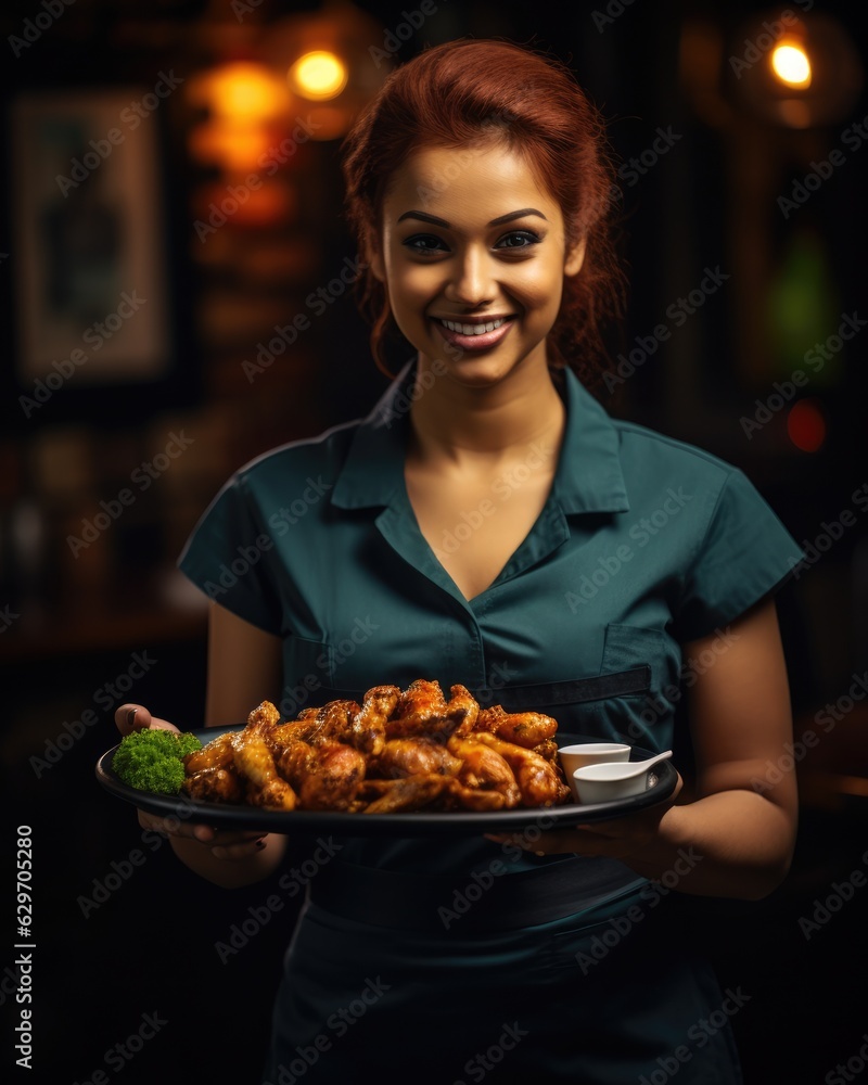 Young waitress presents a dish with Tandoori Chicken