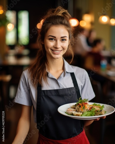 Young waitress presents a dish with Pho - food photography