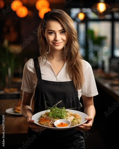 Young waitress presents a dish with Ramen - food photography