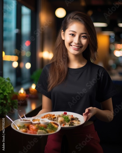 Young waitress presents a dish with Ramen - food photography