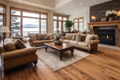 Spacious living area in a large and luxurious residence featuring stunning hardwood flooring and a cozy fireplace.