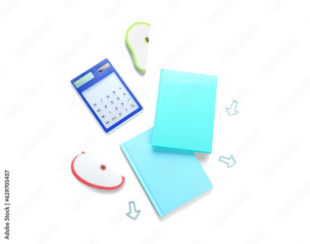 Notebooks and school stationery on white background Notebooks and school stationery on white background