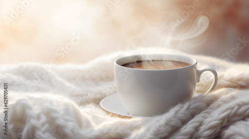 Cup of Steaming Coffee, White Knitted Blanket on Blurred Background. Cozy Hygge Atmosphere at Home. Selective Focus.