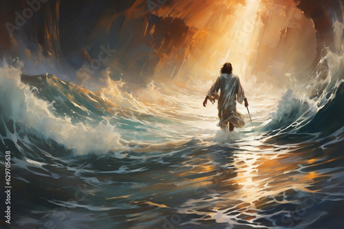 Ethereal Savior walking on undulating waves, abstract oil painting