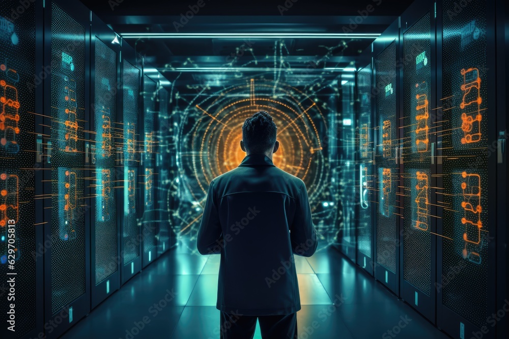 man silhouette standing server room corridor, futuristic orange lighting, data center concept, generative ai