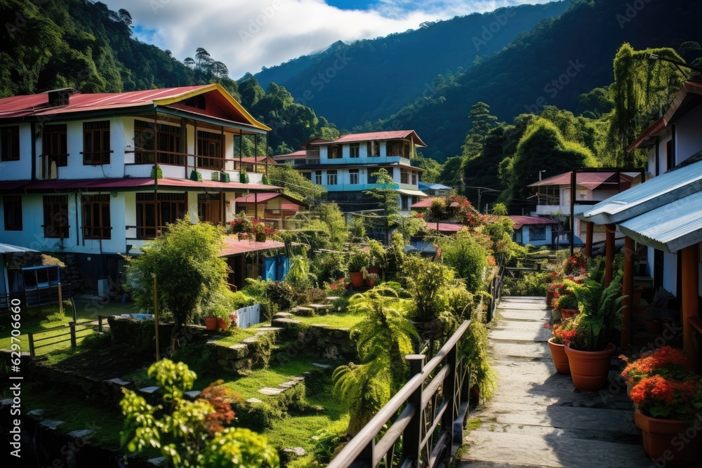 Sikkim village offers budget friendly accommodations for tourists, accompanied by a scenic view of blue skies and the majestic Himalayan mountains. Sikkim, located in India, boasts a flourishing