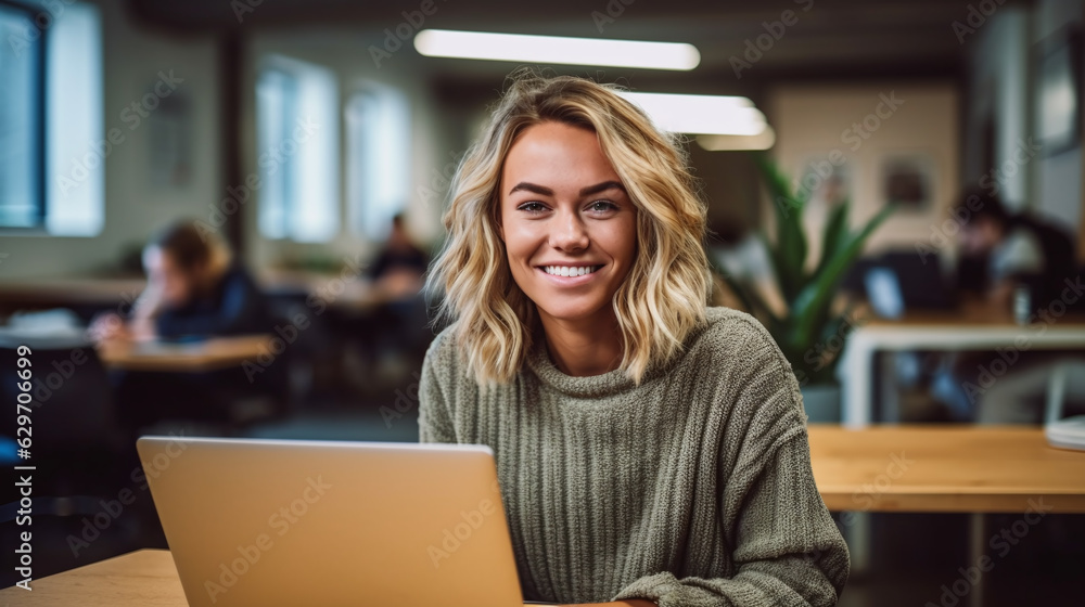 Young woman working on laptop, girl freelancer or student with computer in cafe at table, looking in camera. Model by AI generative Young woman working on laptop, girl freelancer or student with computer in cafe at table, looking in camera. Model by AI generative