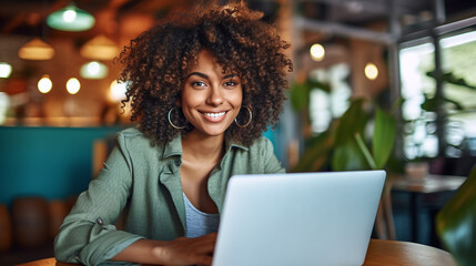Beautiful young woman working on laptop, girl freelancer or student with computer in cafe at table, looking in camera. Model by AI generative