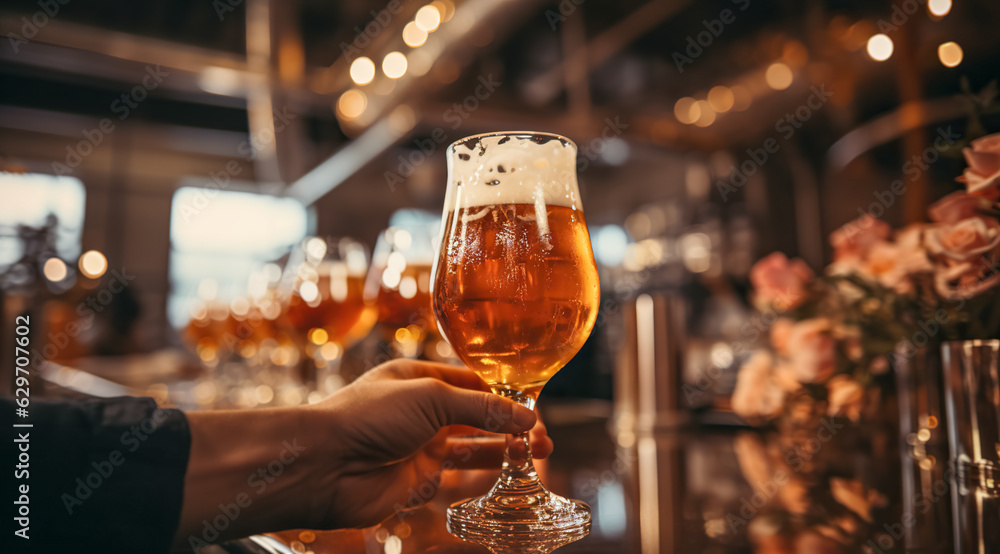 Freshly tapped beer. Bartender holding a freshly tapped glass of beer in his hand, digital ai