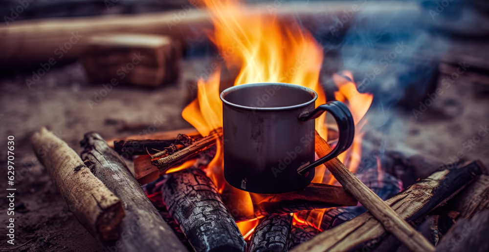 Metal campfire enamel mug with hot herbal tea on campfire. a pot of