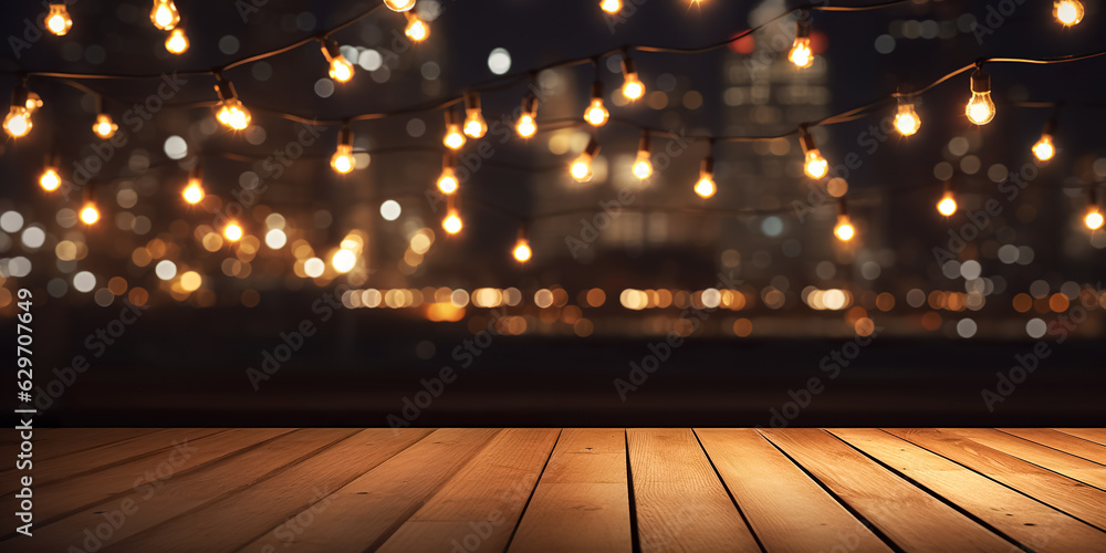 wood table top on night city background with light strings. fairy lights. Empty wood table top with blur with bokeh light background. digital ai