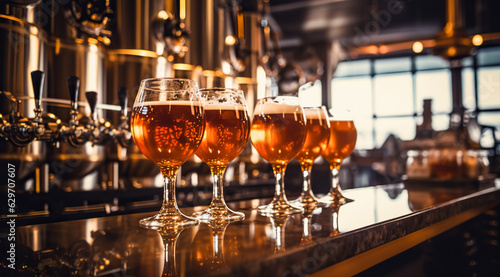 Glasses with craft beer on wooden bar. Tap beer in pint glasses arranged in a row. Closeup of five glasses of different types of draught beer in a pub. digital ai