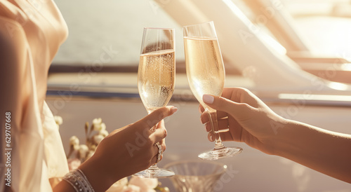 Celebration. Beautiful stylish women holding glasses of champagne making a toast. champagne with blurred bokeh background. digital ai 