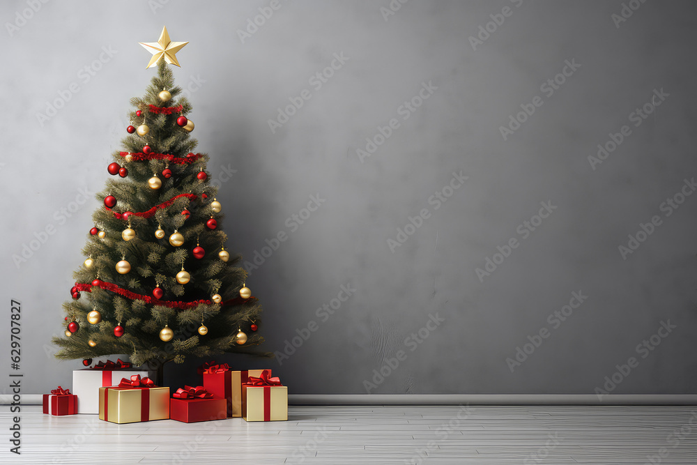 Minimalistic light Christmas interior, with a light grey empty blank wall and a decorated Christmas tree on the side. Creative banner greeting card Happy New Year mockup. Minimalistic light Christmas interior, with a light grey empty blank wall and a decorated Christmas tree on the side. Creative banner greeting card Happy New Year mockup.
