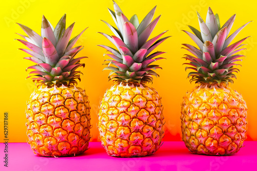 Yellow colored pineapples on a yellow pink background 