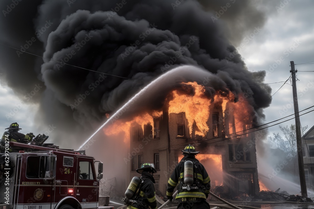Brave firefighters face a relentless blaze., generative IA