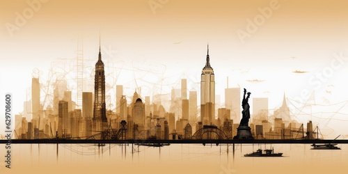 Silhouette of New York City Skyline  Including Statue of Liberty  Times Square  Empire State Building  and Central Park  Rendered in Leonardo da Vinci and Architect Technical Drawing