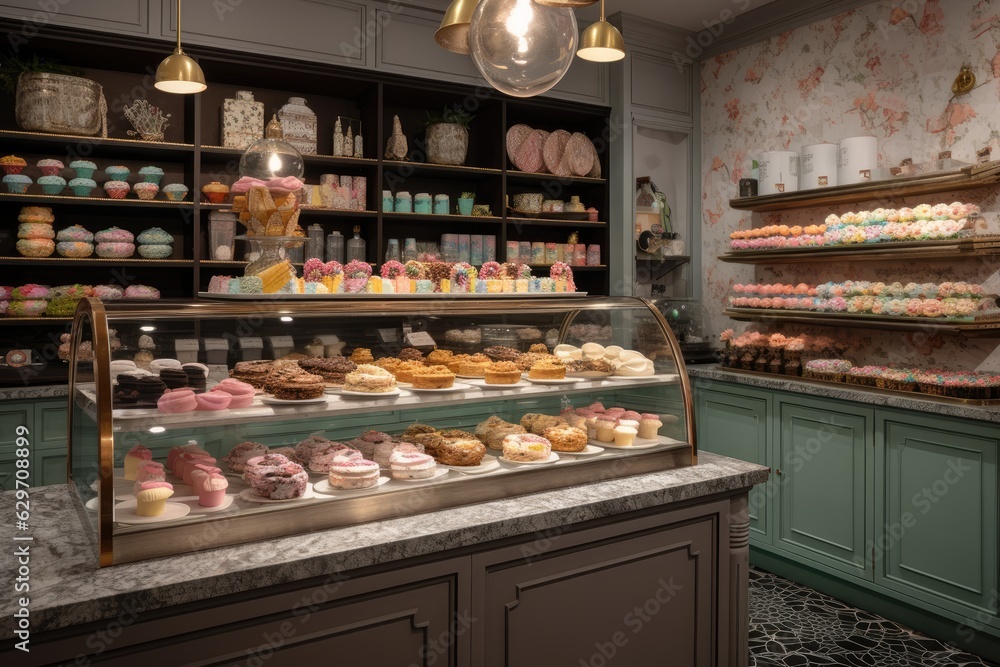 Charming sweet shop with colorful cupcakes and handmade sweets. Irresistible aroma., generative IA