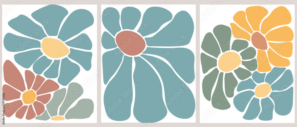 A set of posters with simple abstract blooms. Geometric chamomile flowers in contemporary print. Vector graphics.