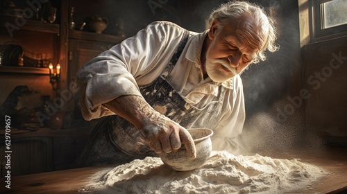 Generative AI, Old man hands of baker in restaurant or home kitchen, prepares ecologically natural pastries.