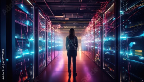 a woman looking at a server room with fluorescent lighting Generative AI